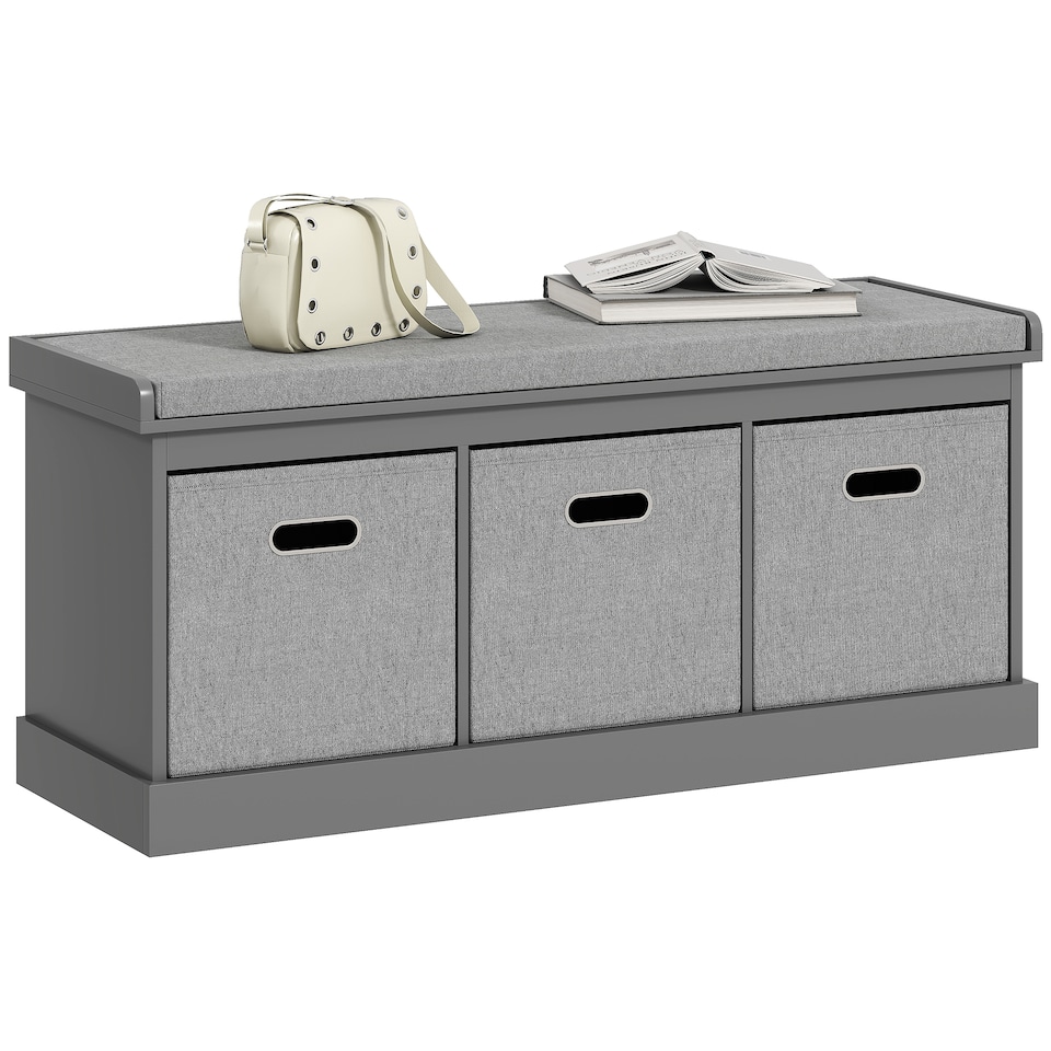 image 1 of HOMCOM Shoe Bench with 3 Fabric Baskets, Shoe Storage Bench with Seat Cushion, Shoe Cabinet for Entryway, Hallway, Living Room, Bedroom, Grey | Grey | Grey