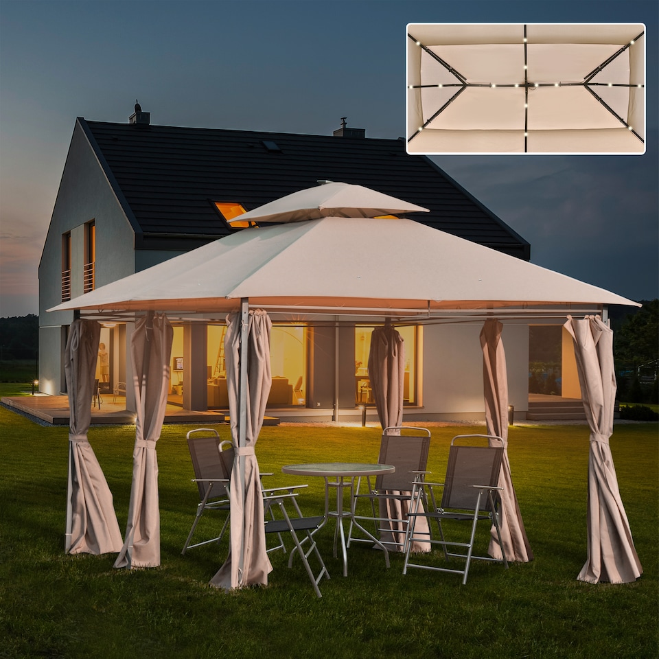 image 1 of Outsunny 4 x 3m Outdoor Gazebo Canopy Party Tent Garden Pavilion Patio Shelter wLED Solar Light, Double Tier Roof, Curtains, Steel Frame, Khaki