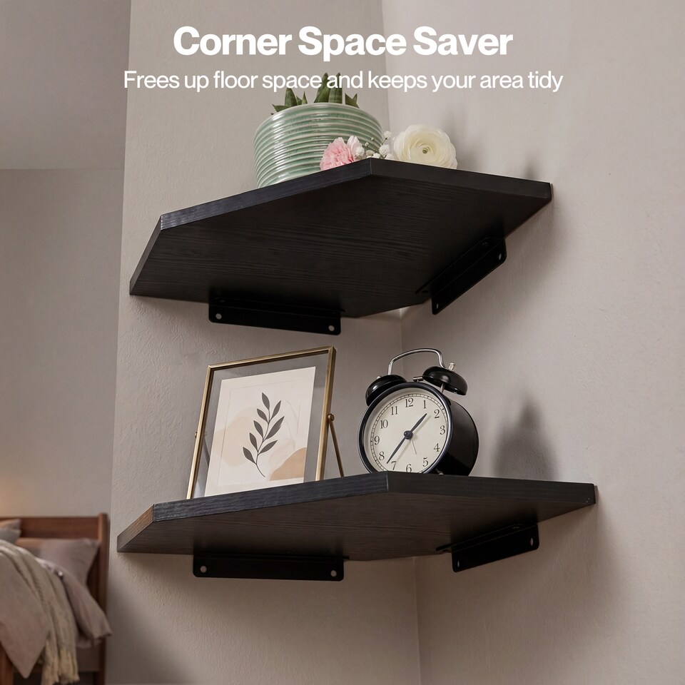image 1 of Levede 2 Pack Wooden Floating Corner Shelves with Cable Cut Out