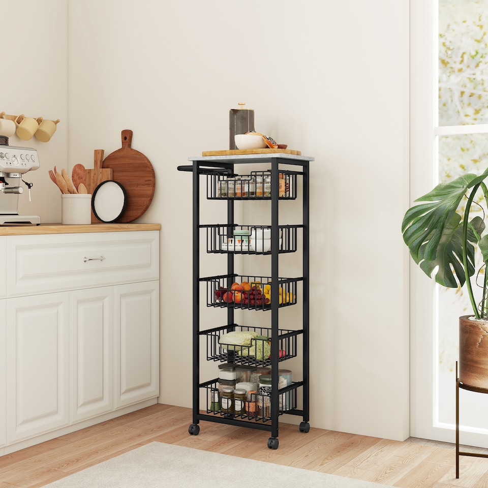 image 1 of HOMCOM 5-Tier Kitchen Island on Wheels, Rolling Kitchen Storage Trolley with 5 Pull-Out Mesh Baskets, Mobile Utility Serving Cart, Light Grey | Grey | Light Grey