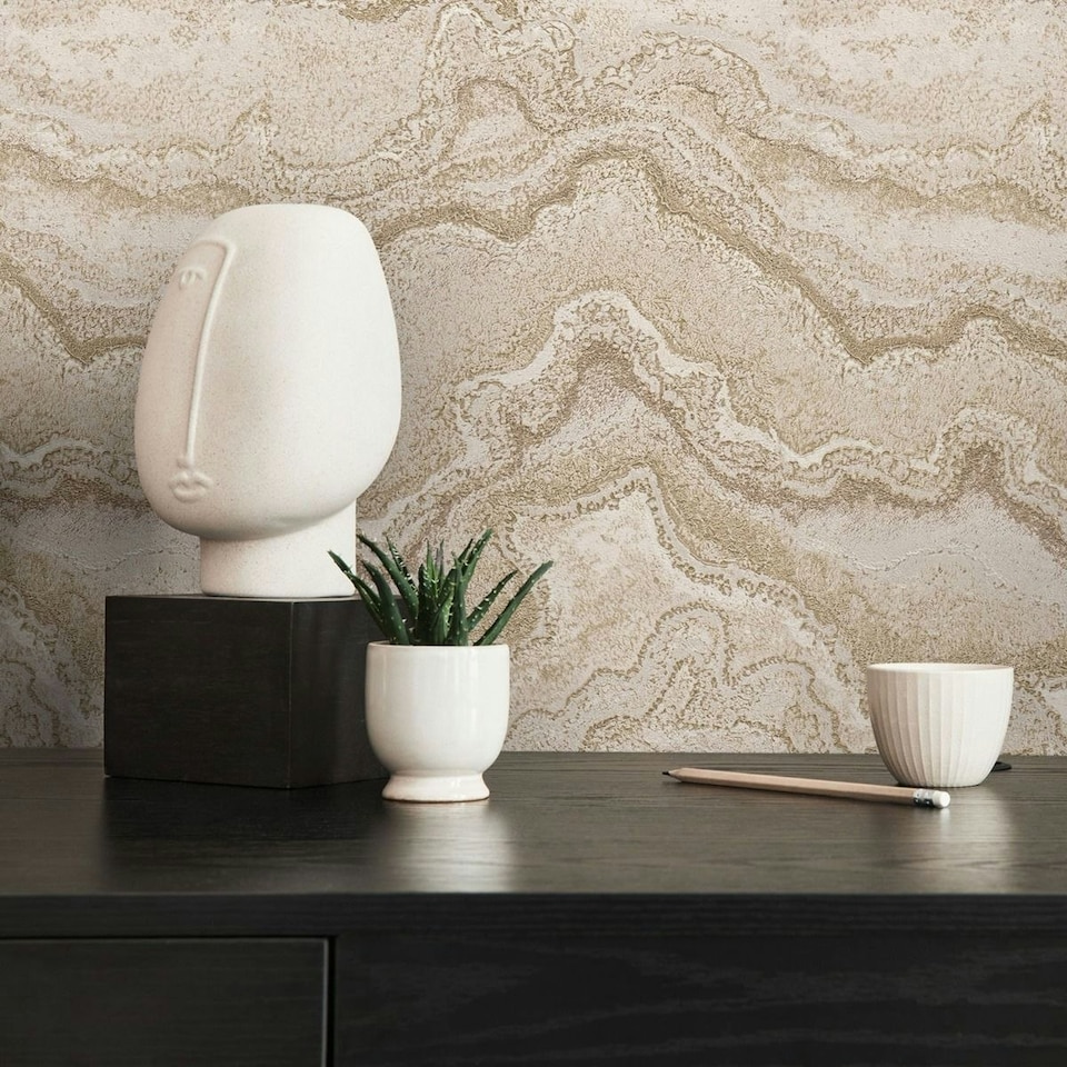 image 1 of AS Creation Quartz Marble Heavyweight Vinyl Textured Wallpaper - Gold/Natural - 10m x 0.5m Gold