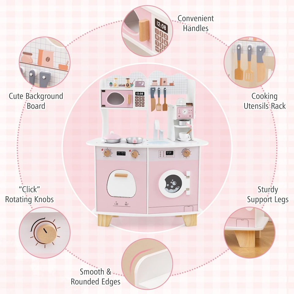 image 1 of COSTWAY Wooden Kids Kitchen Playset Pretend Play Kitchen With  Coffee Maker-Pink