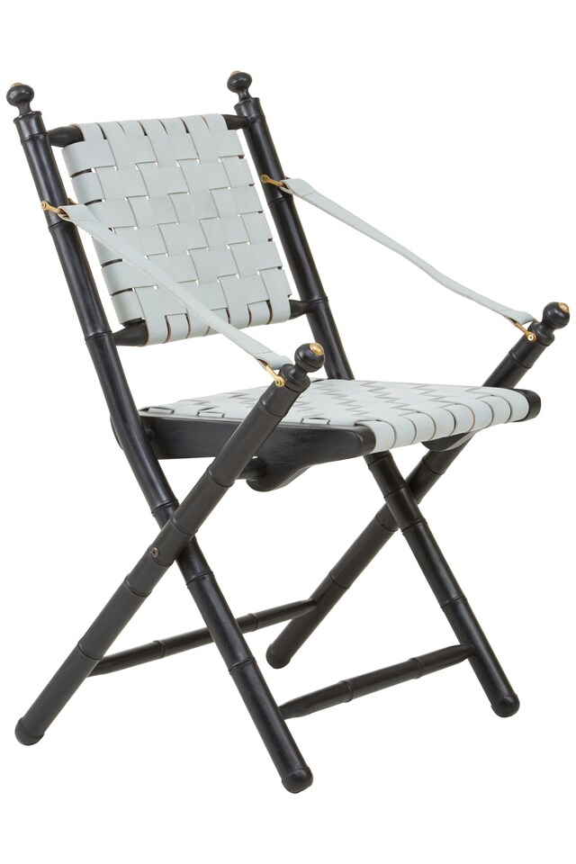 image 1 of White Leather and Black Teak Wood Chair,Grey Strap Upholstered Armchair,Lounge Chair,Ideal For Outdoor Use | White