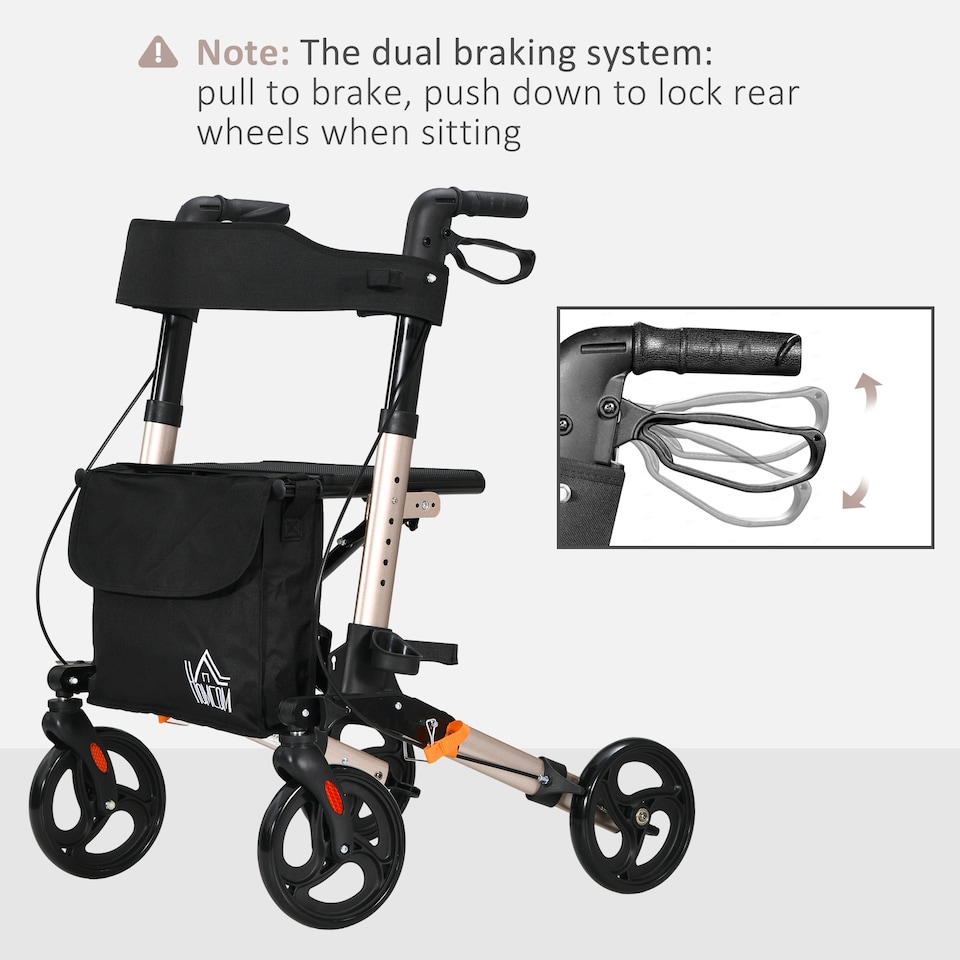 image 1 of HOMCOM 4 Wheel Rollator with Seat and Back, Folding Mobility Walker with Carry Bag, Adjustable Height, Dual Brakes, Cane Holder, Lightweight Aluminium Walking Frame for Seniors and Disabled, Gold Tone