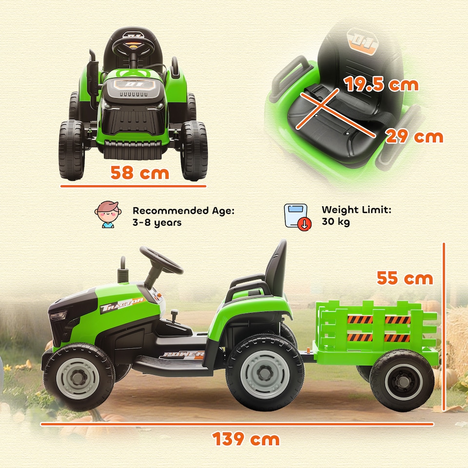 image 1 of AIYAPLAY Ride on Tractor and Trailer, 12V Electric Ride on Tractor, Green