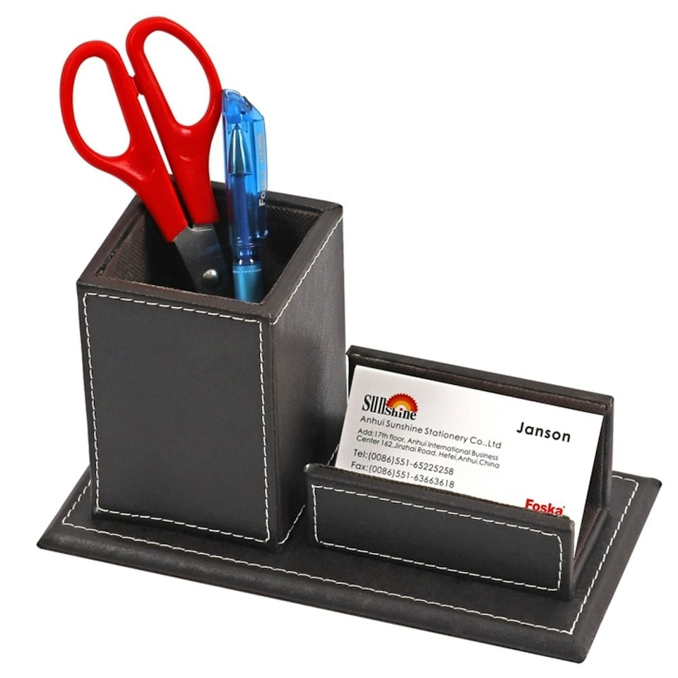 image 1 of PVC Black Desktop Pen Pot Organiser with Card Holder