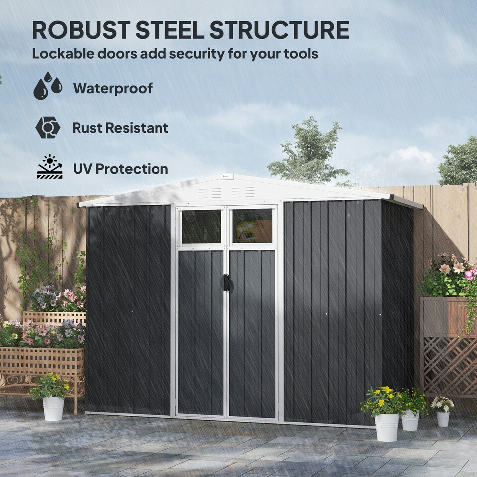 image 1 of Outsunny 8 x 4 ft Garden Storage Shed, Outdoor Metal Shed, Dark Grey Grey | Dark Grey