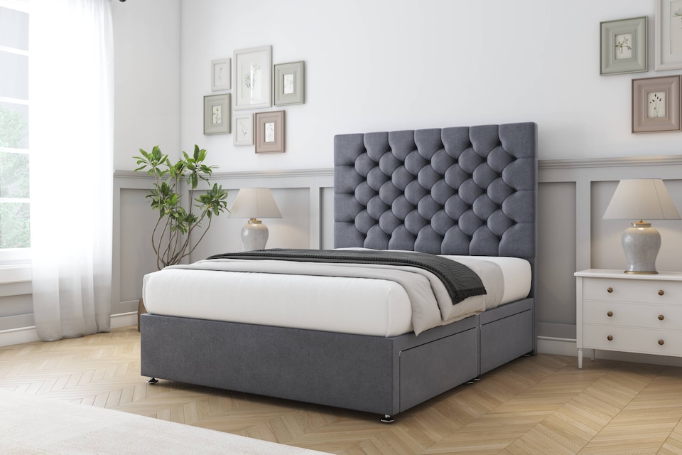 image 1 of Sloomy Mayfair Steel Plush Divan Bed Base No Drawers With 54 Inch Floor Standing Headboard | Grey | Steel | Super King | 1