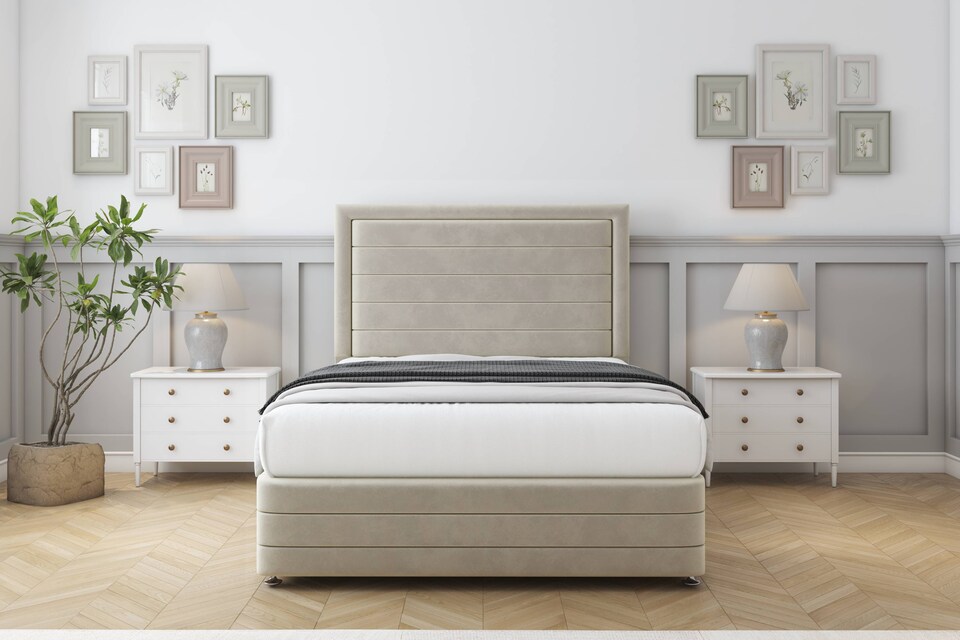image 1 of Sloomy Ashford Cream Plush Divan Bed With Mattress 2 Drawers Left Side With 26" Strutted Headboard & 12" Matching Footboard 4'6 Double | Cream | Cream | Double | 1