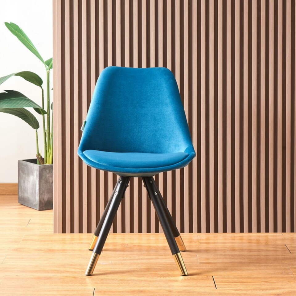 image 1 of Set of 2 Sofia Ergonomic Modern Dining Chairs Upholstered in Velvet, Metal Legs with Gold End Tips Blue