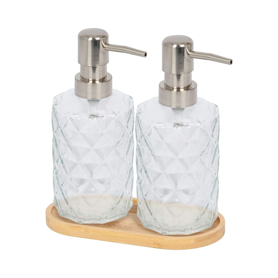 image 1 of Harbour Housewares 2pc Prism Glass Soap Dispenser Set with Bamboo Tray - 330ml