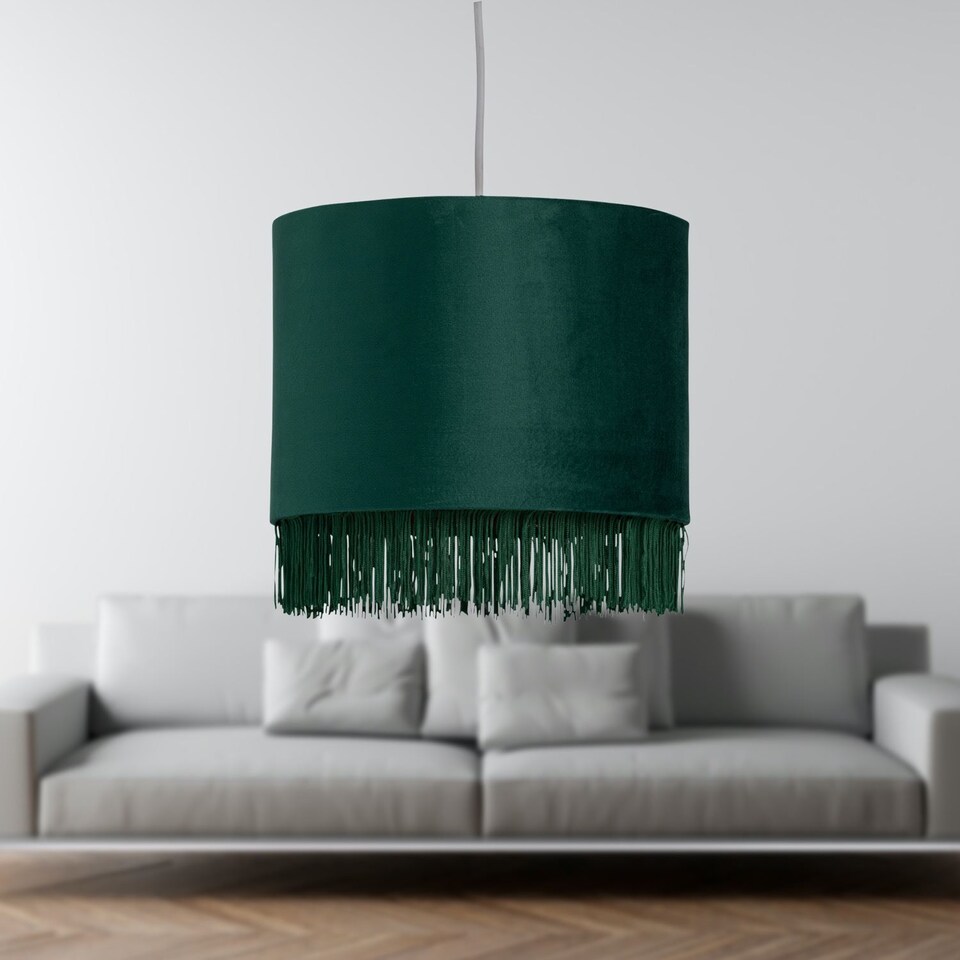 image 1 of Tassel - Dark Green Velvet with Gold Inner Easy Fit 25cm Pendant Shade | Green | Gold | Medium | 1