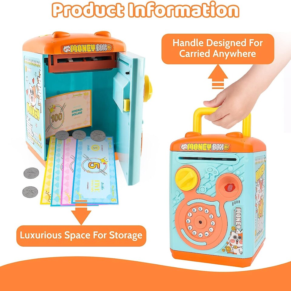 image 1 of Electronic Money Bank for Kids – Blue Password & Finger ecure, Fun & Educational Savings Boxprint Toy ATM Piggy Bank