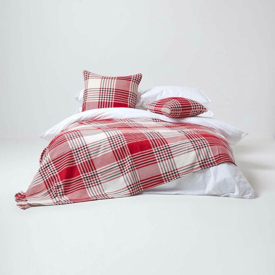 image 1 of Homescapes Red Tartan Pattern Cushion Cover - 45 x 45 cm | Red | Red | 45 x 45 cm