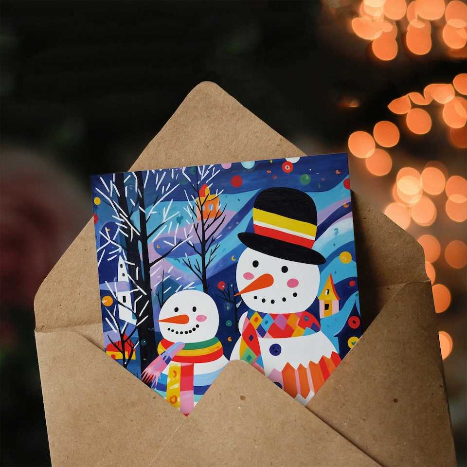image 1 of Snowman Couple Colourful Folk Art Blank For Him Or Her Art Xmas Festive Christmas Card