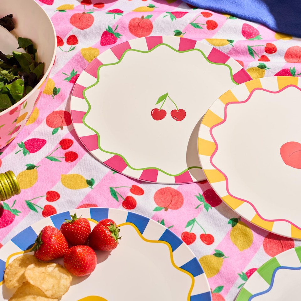 image 1 of OHS Summer Print Plastic Picnic Plates Set of 4 Lightweight Outdoor | Pink | Bright Fruits