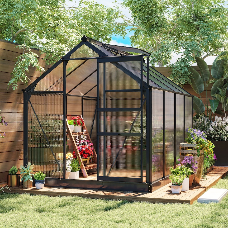 image 1 of Outsunny 6x8ft Walk-In Polycarbonate Greenhouse Plant Grow Galvanized Aluminium