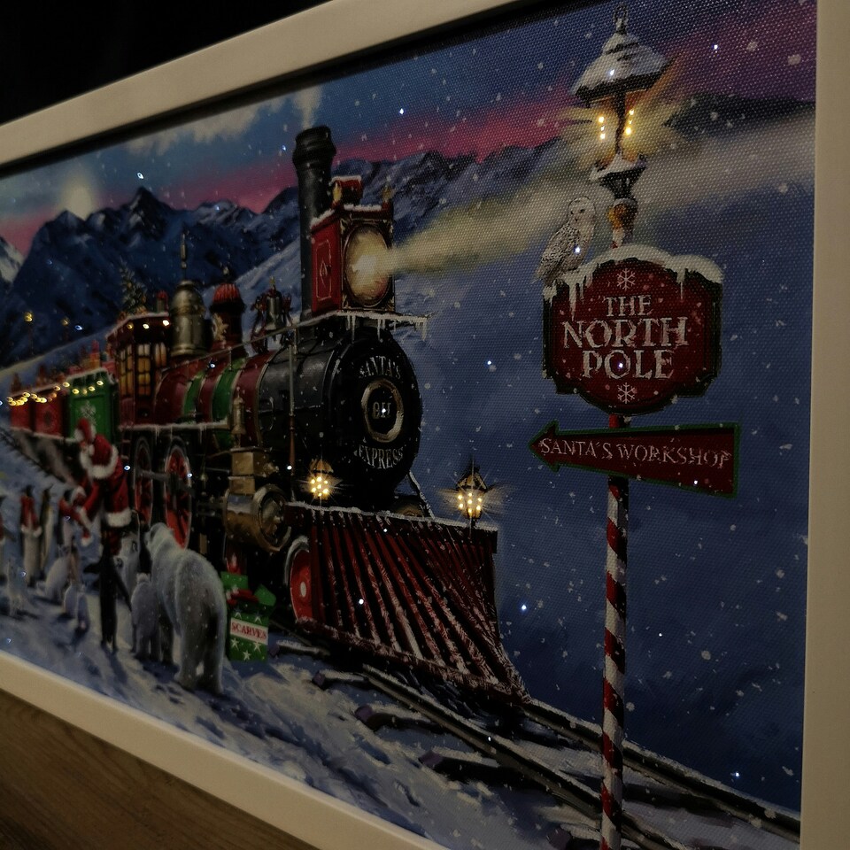 image 1 of Battery Operated 60 x 30cm Light up North Pole Express Train with Santa Picture Canvas
