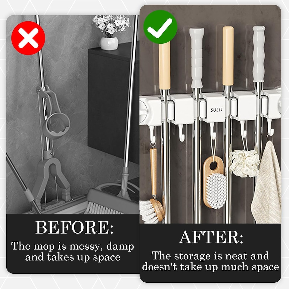 Broom Holder, Wall Mounted Self Adhesive Broom & Mop Holder with 4 ...