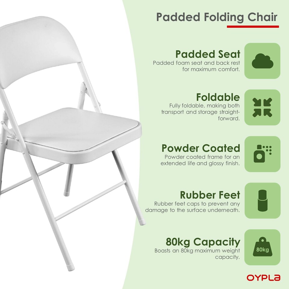 image 1 of Oypla Heavy Duty White Padded Folding Metal Desk Office Chair Seat