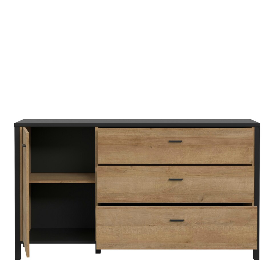 image 1 of High Rock 1 Door 3 Drawer Sideboard in Matt Black/Riviera Oak