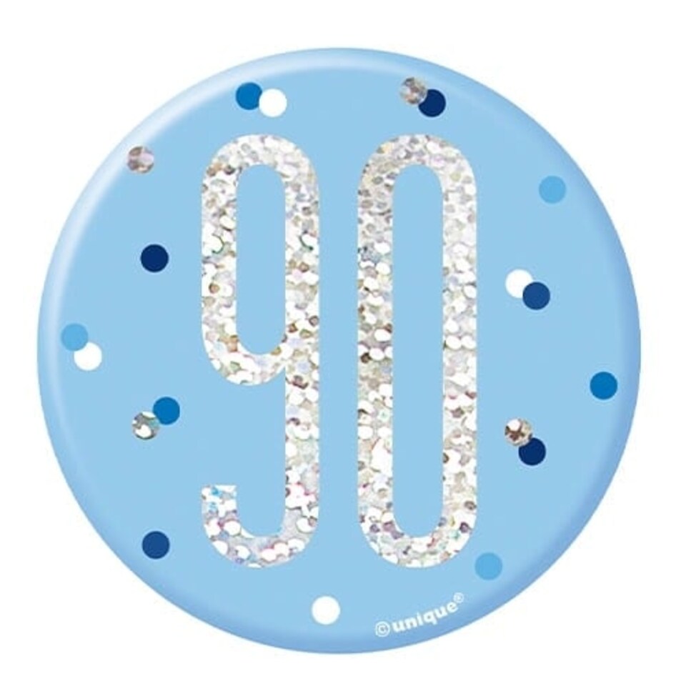 Blue Glitz Age 90 Holographic Birthday Badge 7cm