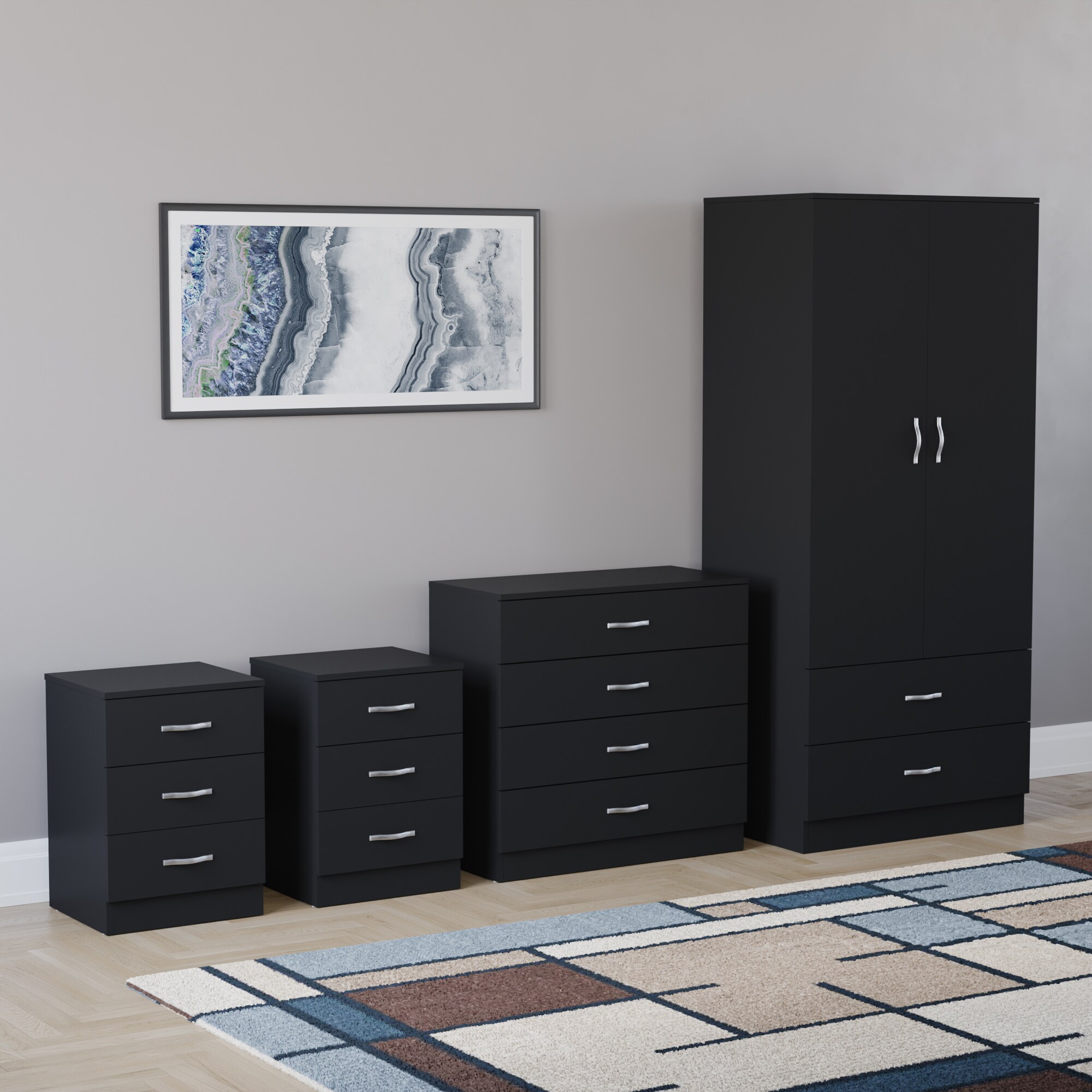 Vida Designs Riano 4 Piece Bedroom Set (2x 3 Drawer Bedside Chest, 5 Drawer Chest, 2 Door 2 Drawer Wardrobe) - Black
