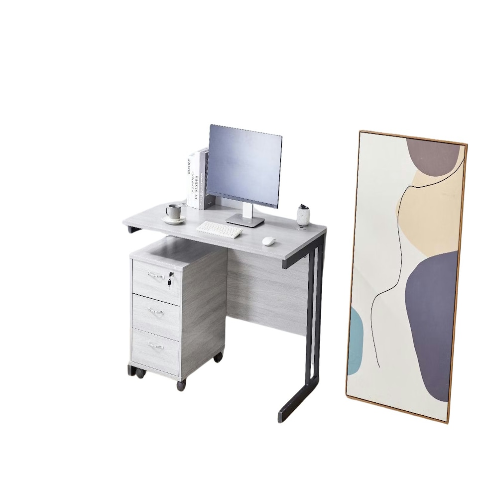 image 1 of Grey Office Desk with Matching Drawer Unit Modern Wooden Furniture Set Grey