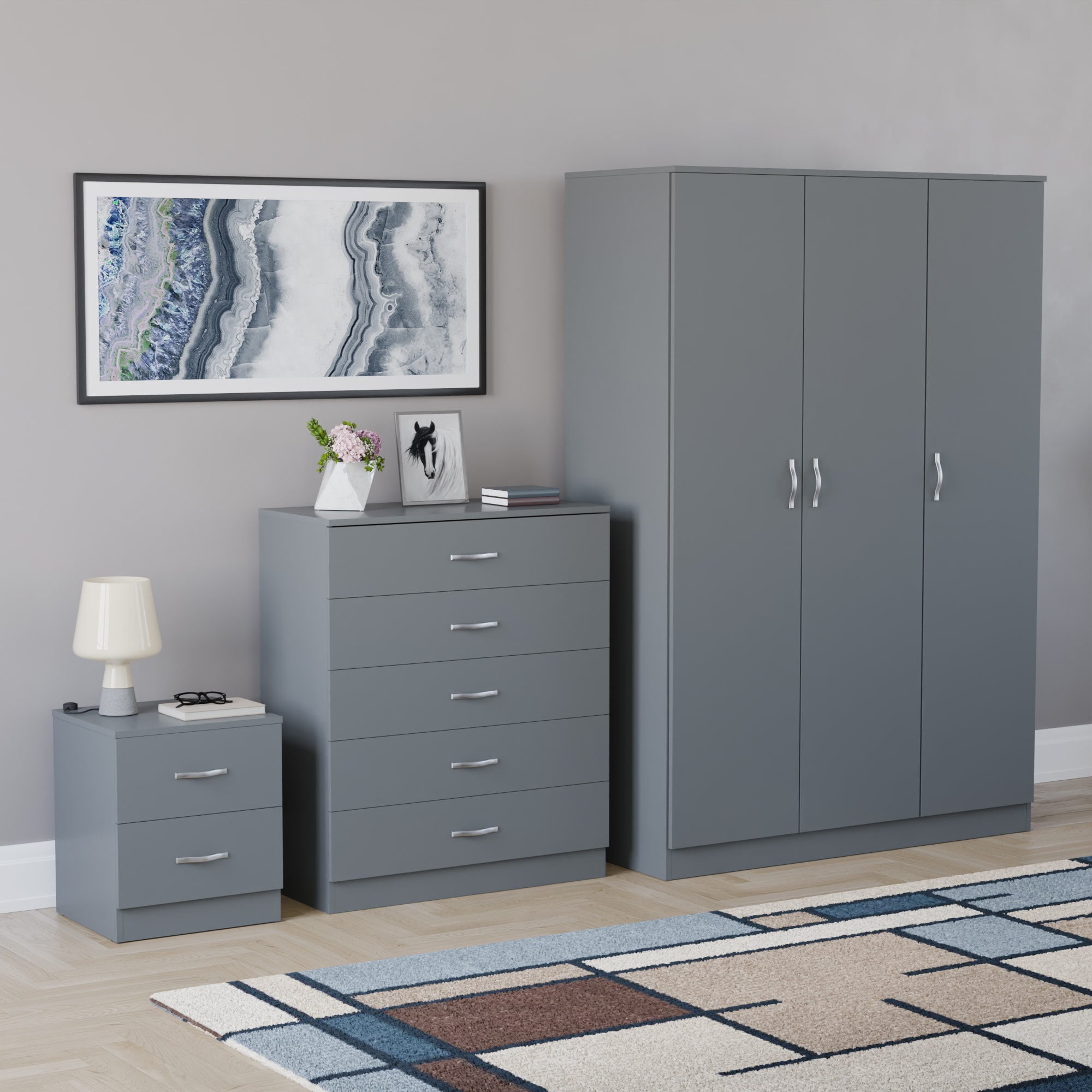 Vida Designs Riano 3 Piece Bedroom Set (2 Drawer Bedside Chest, 5 Drawer Chest, 3 Door Wardrobe) - Grey