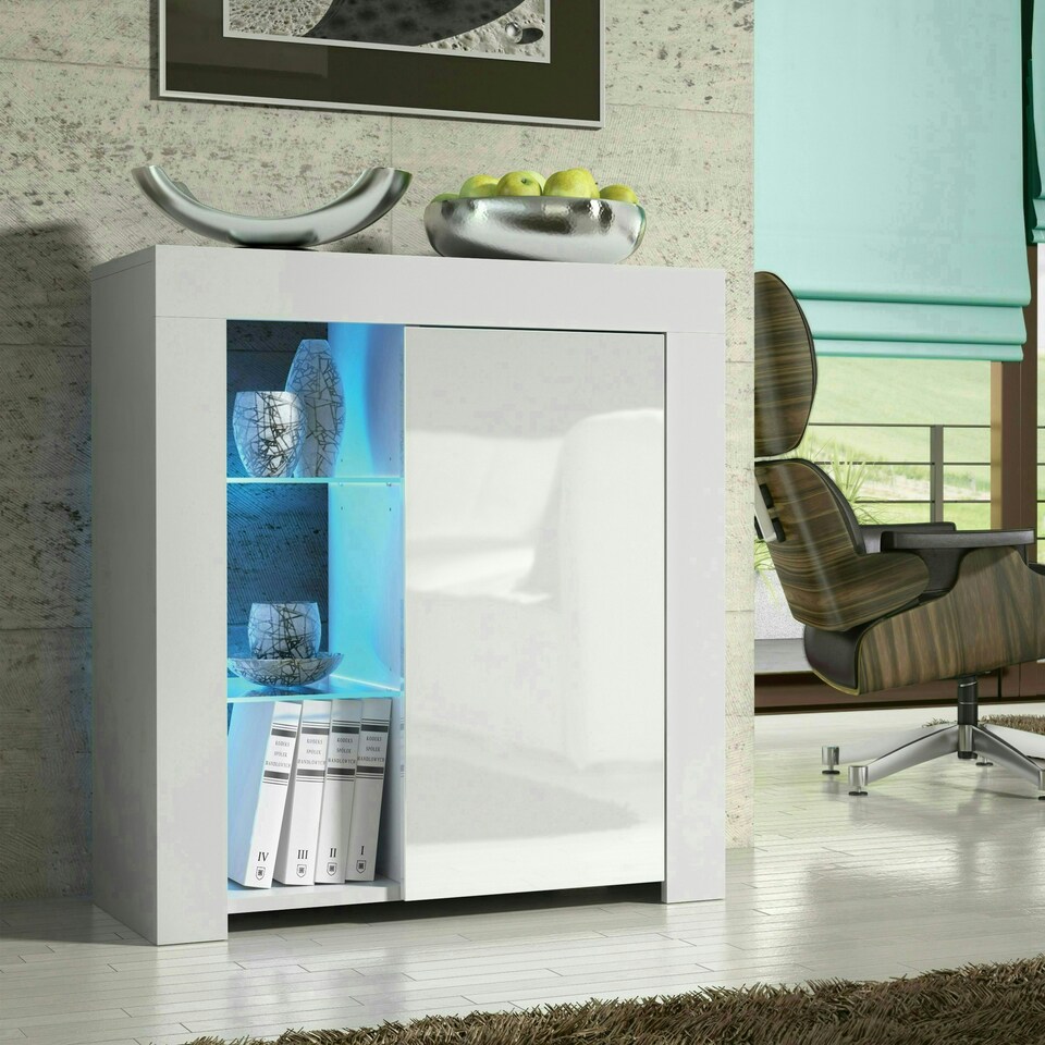 image 1 of Sideboard 75cm White Gloss Door White Matt Body Glass Shelves Free LED | White
