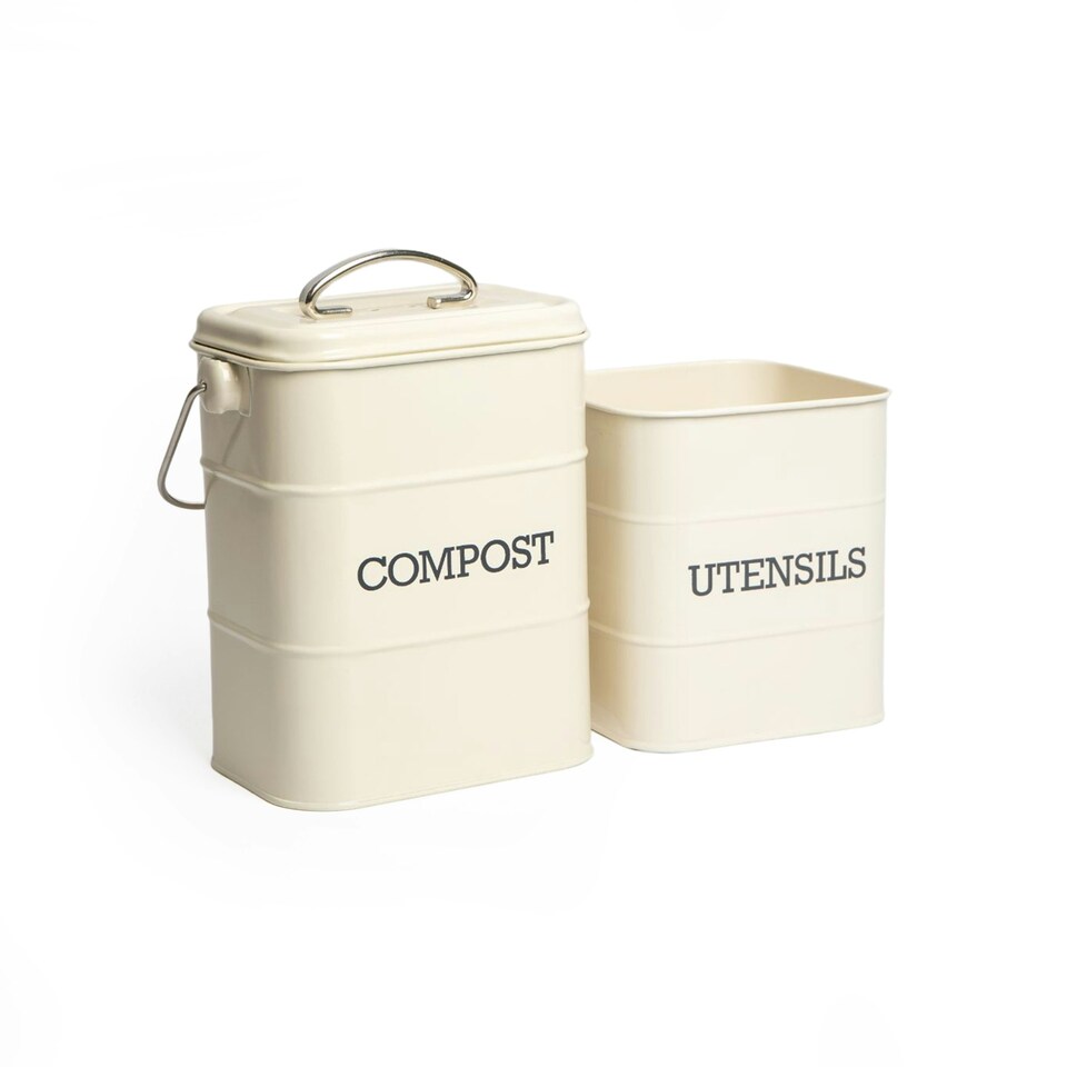 image 1 of 2pc Antique Cream Storage Set with Compost Bin and Utensil Pot