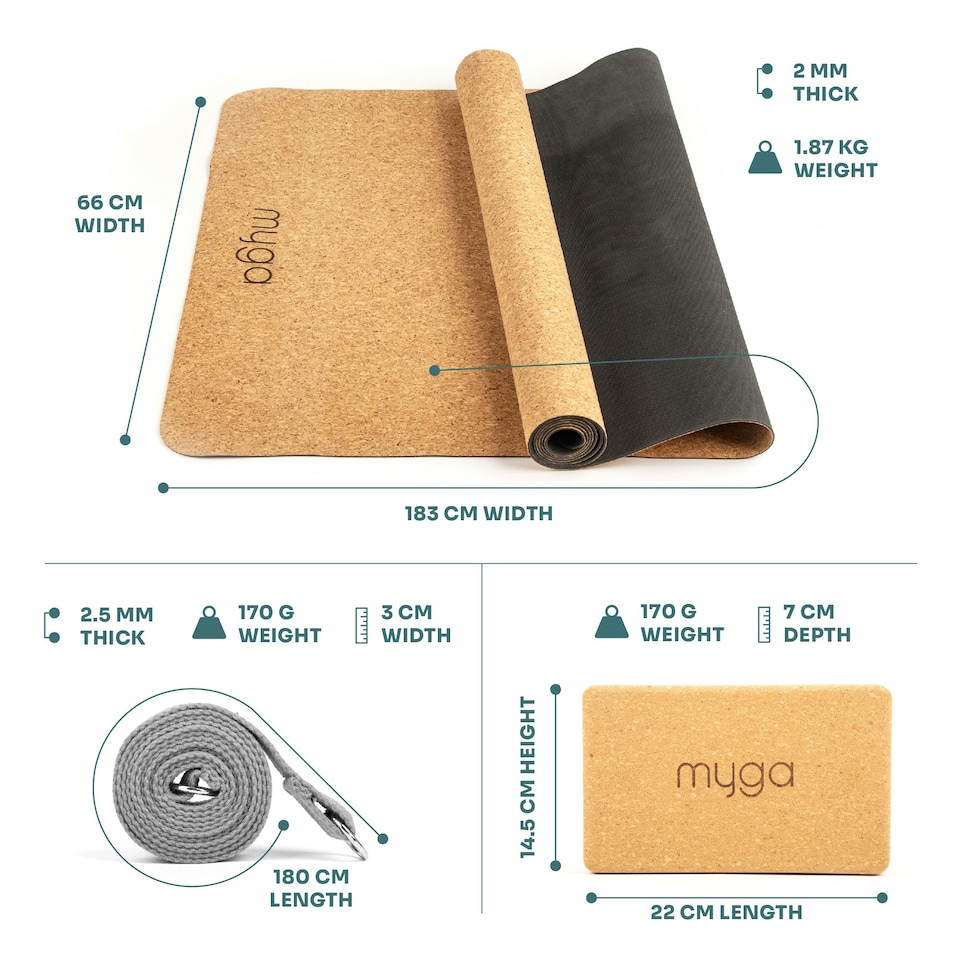 image 1 of Myga Cork Yoga Mat, Pair of Cork Blocks Strap - Turquoise