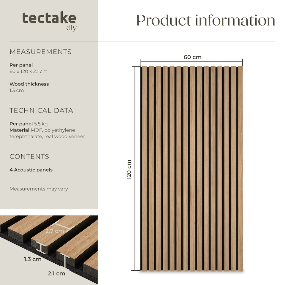 image 1 of Acoustic Wall Panels with Wood Veneer Slats, Thick Felt and Easy to Install | Brown | oak | 120 x 60 x 120 cm | 4