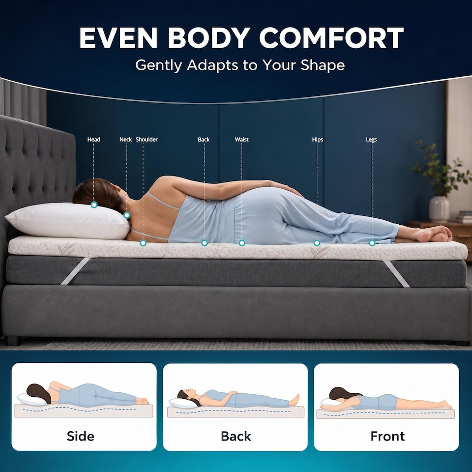 image 1 of Memory Foam Mattress Topper | Reversible Bamboo Cover | Orthopaedic Pressure Relief for Back Pain 2" (5cm)
