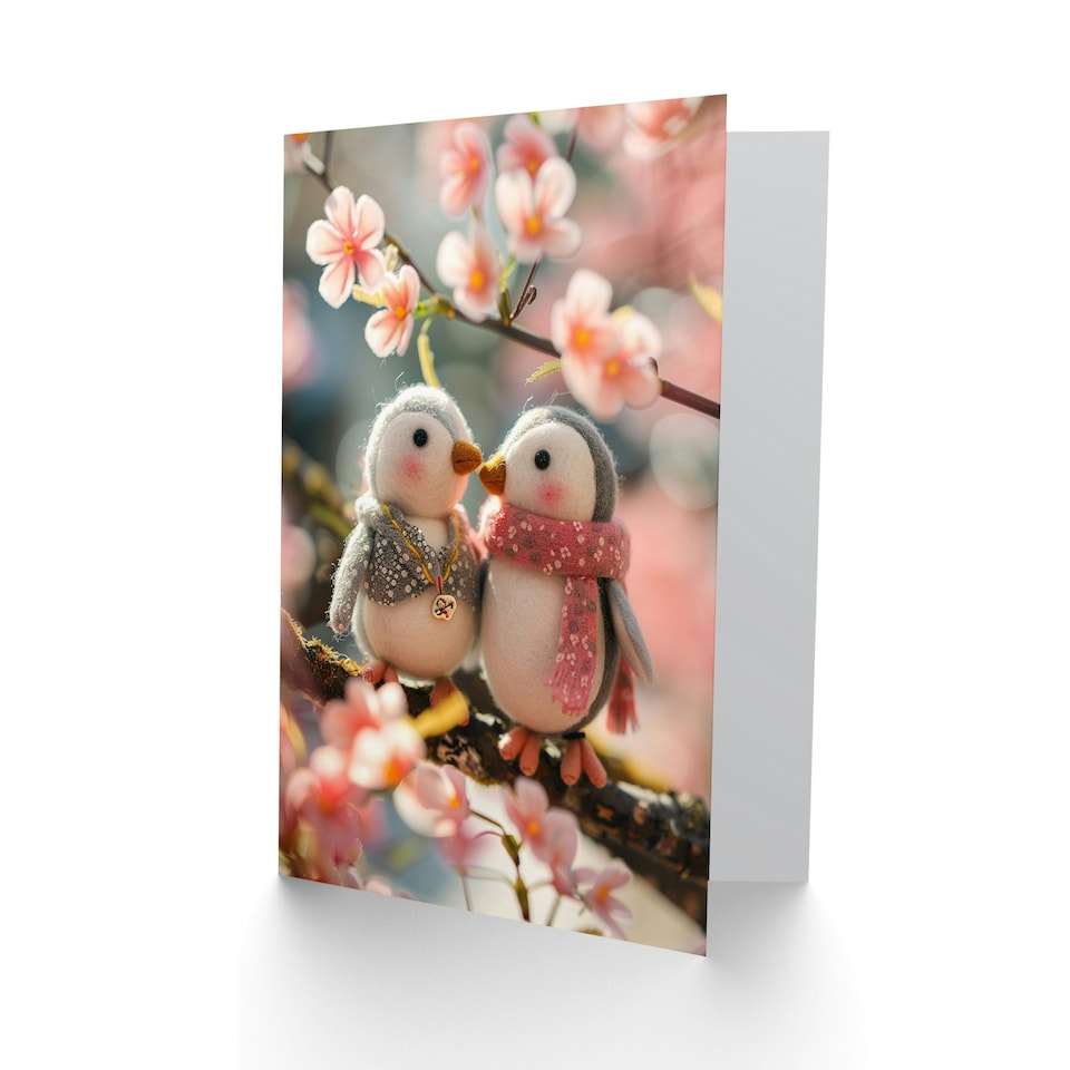 image 1 of Cute Felt Penguins On Cherry Blossom Tree Birthday Card
