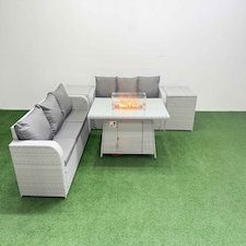 Fimous Outdoor Garden Furniture Sets 6 Seater Wicker Rattan Furniture Sofa Sets with Firepit Dining Table high Back Lounge Sofa 2 Side Table Light Grey