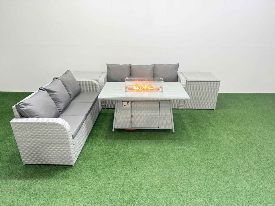 image 1 of Fimous Outdoor Garden Furniture Sets 6 Seater Wicker Rattan Furniture Sofa Sets with Firepit Dining Table high Back Lounge Sofa 2 Side Table Light Grey