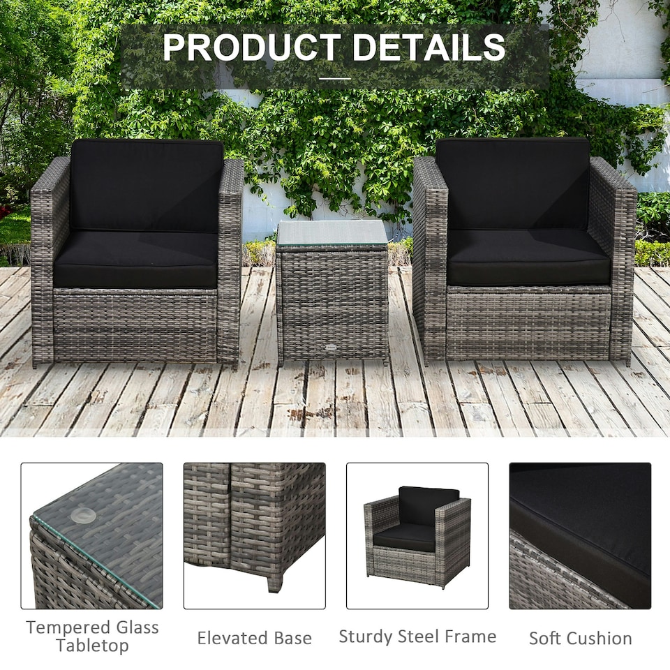 image 1 of Outsunny 3Pcs Patio 2 Seater Rattan Sofa Garden Furniture Set Coffee