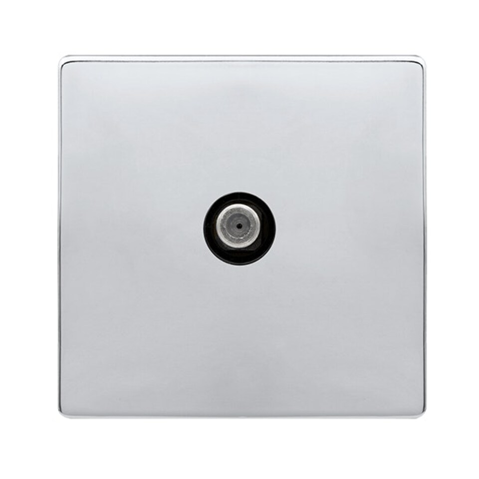 SE HOME Polished Chrome Screwless Plate Satellite Socket 1 Gang - Black Trim - SE Home Black | Polished