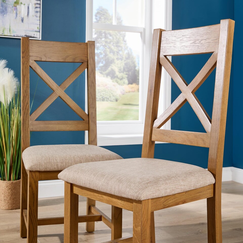 image 1 of Pair Of High Slatted Back Dining Chairs Wool Seat Solid Oak Legs Fully Assembled | Brown
