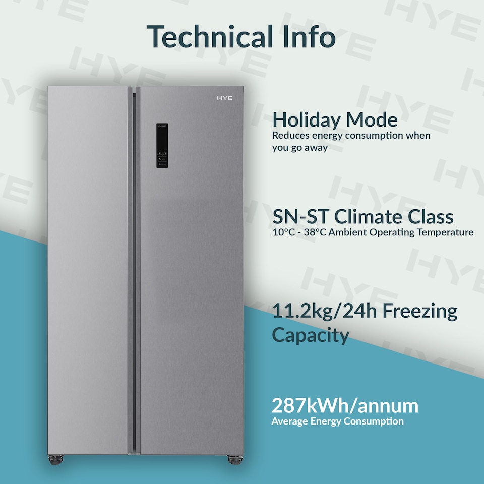 image 1 of HYE 442 Litre No Frost American Fridge Freezer, 91cm, Silver - RF01AM442S01