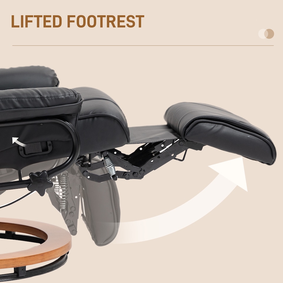 image 1 of HOMCOM Manual Recliner Chair with Footrest, Upholstered Reclining Armchair with Adjustable Backrest and Steel Frame, PU Leather Swivel Chair for Living Room, Bedroom, Black | Black | Black