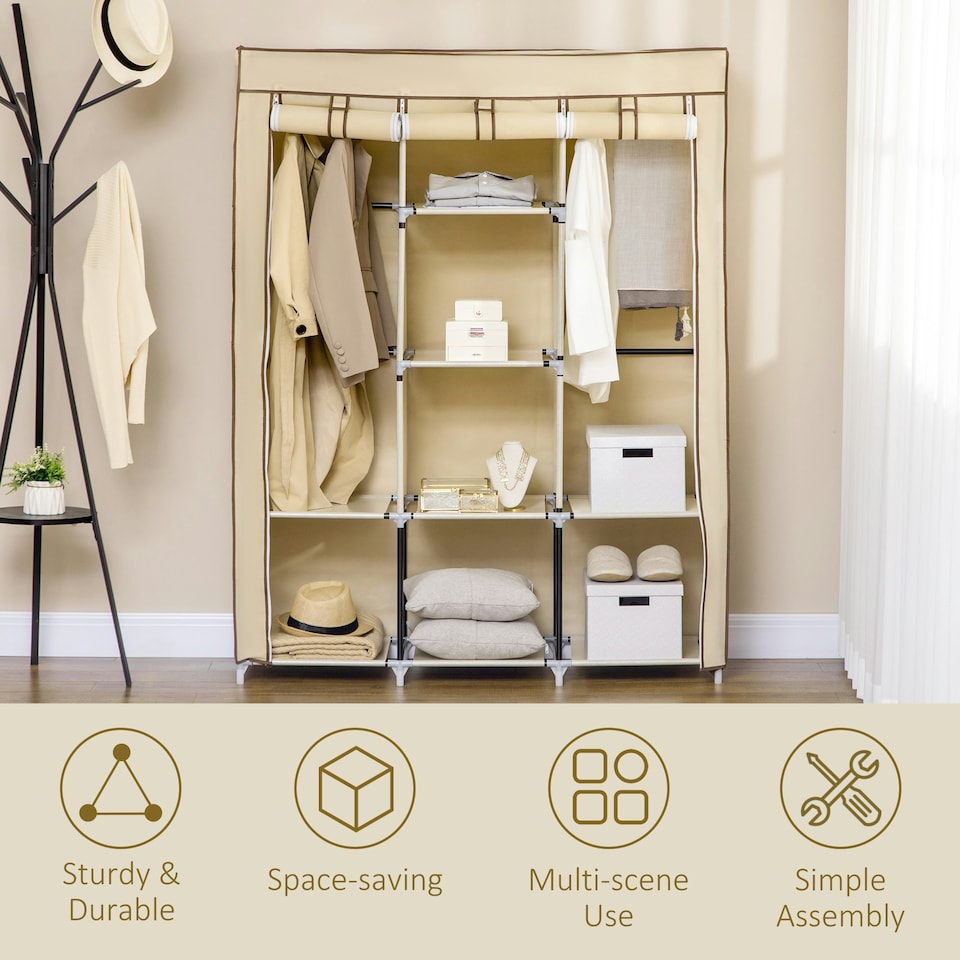 image 1 of HOMCOM Fabric Portable Wardrobe with 8 Shelves 2 Hanging Rails, Beige