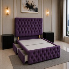 Brooklyn Divan Bed with Upholstered Headboard & Footboard Base - Small Double Purple Naples 2 Drawers Storage Right Side in Bed