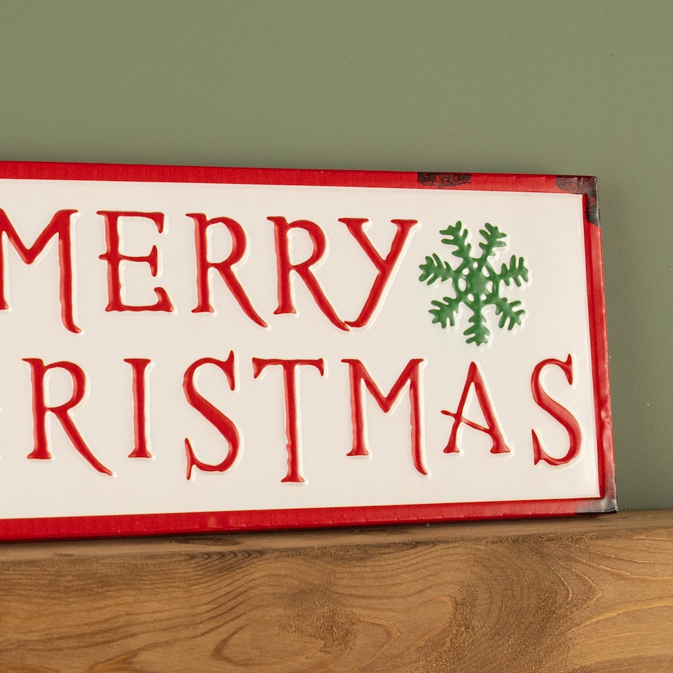 image 1 of 57cm Metal Merry Christmas Hanging Sign in Red & White with Green Snowflakes