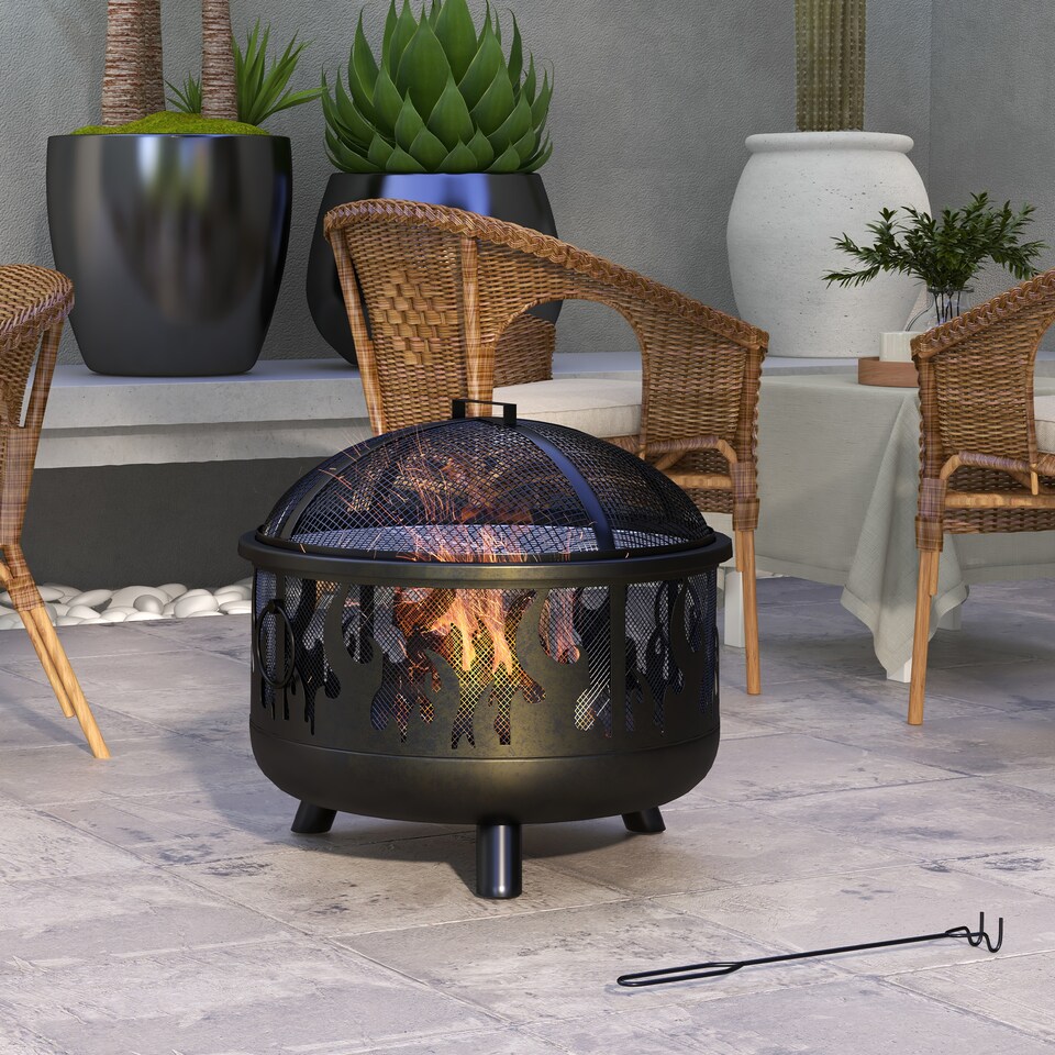 image 1 of Outsunny Metal Firepit Bowl Outdoor 2-In-1 Round Fire Pit with Lid, Grill, Poker, Handles for Garden, Camping, BBQ, Bonfire, Wood Burning Stove, 61.5 x 61.5 x 52cm, Black