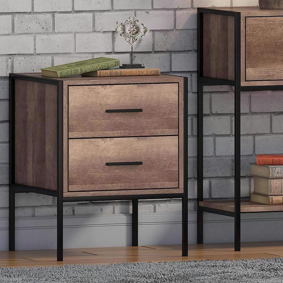 image 1 of FWStyle Loft Industrial 2 Drawer Bedside Table Wood Effect Black Metal Frame