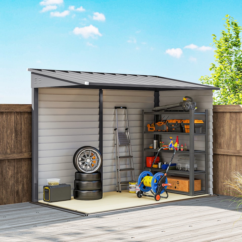 image 1 of Outsunny 5 x 9ft Galvanised Metal Garden Shed with Foundation Kit, Outdoor Leanto Shed, Tool Storage House with Lockable Doors, Gloves and 2 Air Vents for Patio, Garden, Grey | Grey | Grey