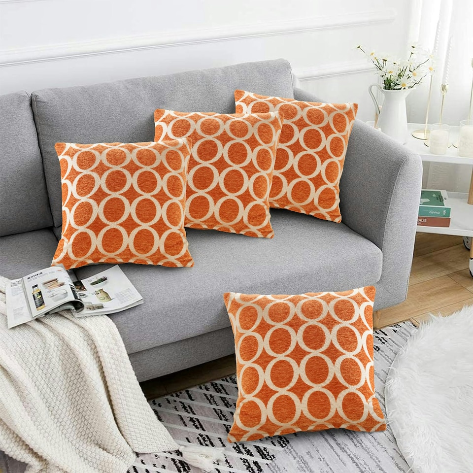 image 1 of Geometric O Chenille 45cm x 45cm Orange Cushion Set of 4 | Orange | Cream | 45cm x 45cm x 10cm | 4
