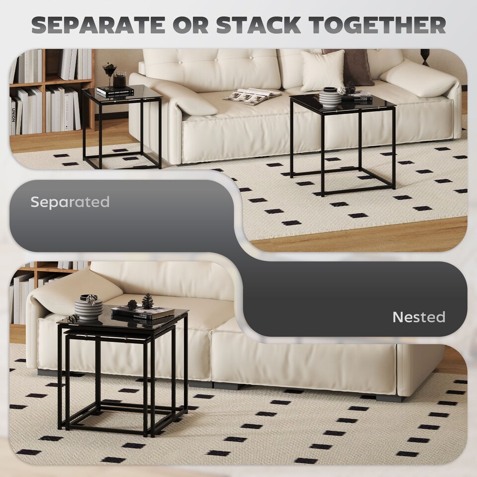 image 1 of HOMCOM Nest of Tables, Set of 2 Coffee Table, Side Tables with Tempered Glass Desktop and Metal Frame for Living Room, Bedroom, Office, Black | Black